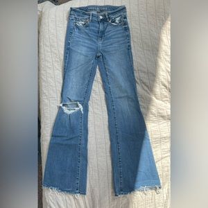 AE ripped super high waisted flare Jean